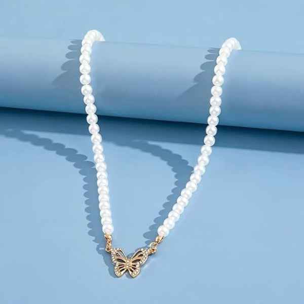 Dainty Freshwater Pearl Choker with Elegant Butterfly Necklace