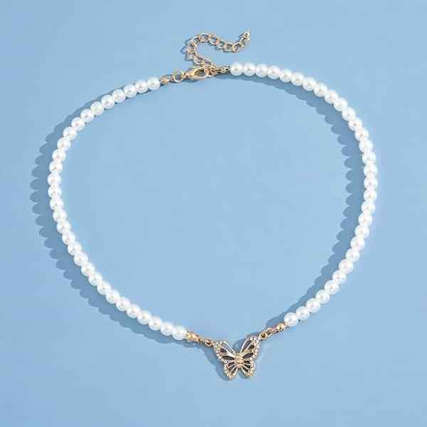 Dainty Freshwater Pearl Choker with Elegant Butterfly Necklace