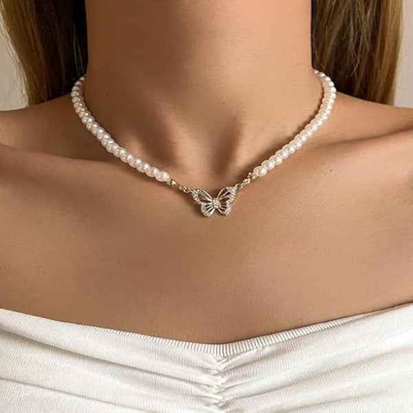Dainty Freshwater Pearl Choker with Elegant Butterfly Necklace