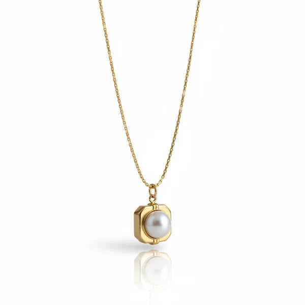 Pack of 2 Gold Plated Geometric Pearl Pendant Necklace & White Pearl Hoop Earrings | Modern Pearl Jewelry Set