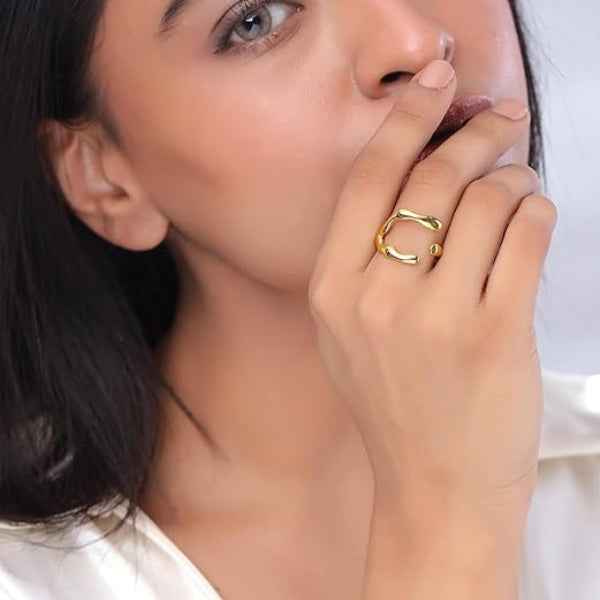 Gold Abstract Ring - Shimmering Wavy Open Wrap Statement Band Ring