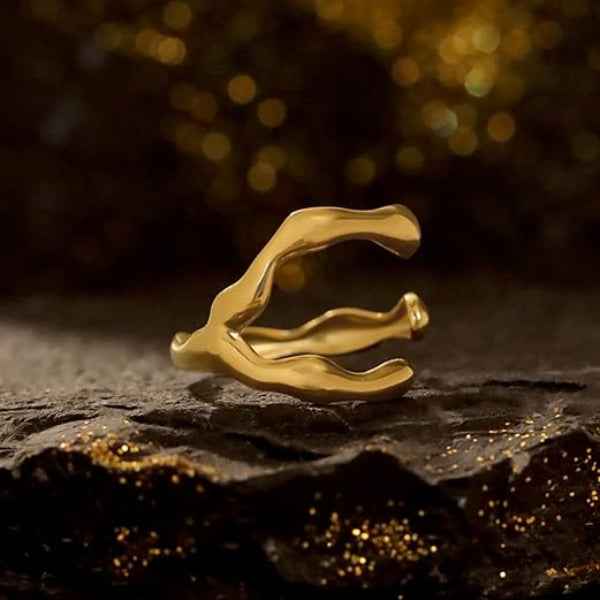 Gold Abstract Ring - Shimmering Wavy Open Wrap Statement Band Ring