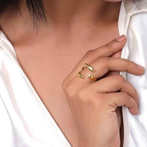 Gold Abstract Ring - Shimmering Wavy Open Wrap Statement Band Ring
