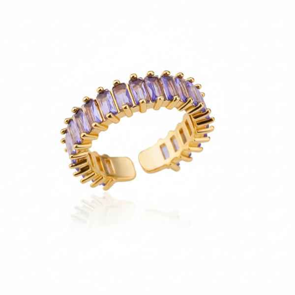 Gold Amethyst Ring - Shimmering Purple Baguette Adjustable Band Ring