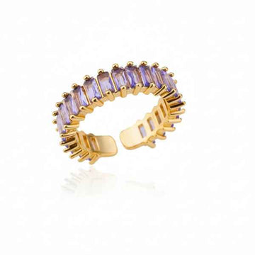 Gold Amethyst Ring - Shimmering Purple Baguette Adjustable Band Ring