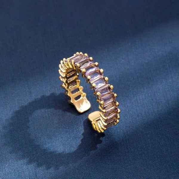 Gold Amethyst Ring - Shimmering Purple Baguette Adjustable Band Ring