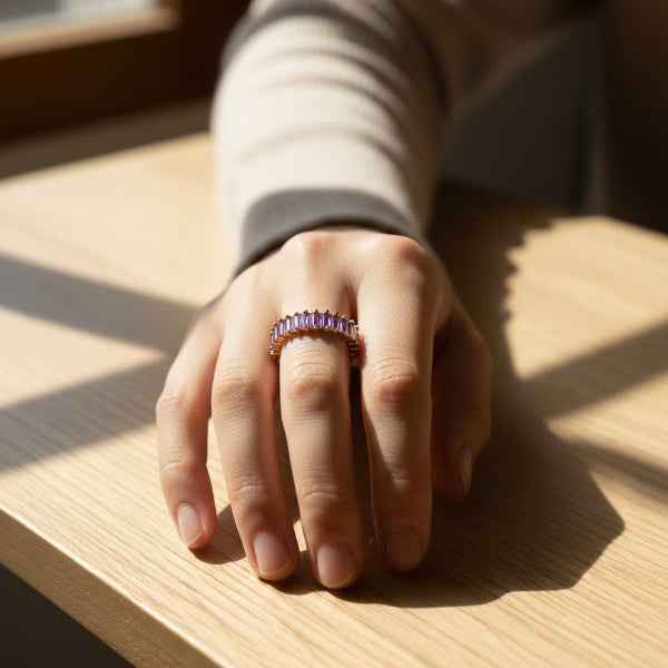 Gold Amethyst Ring - Shimmering Purple Baguette Adjustable Band Ring
