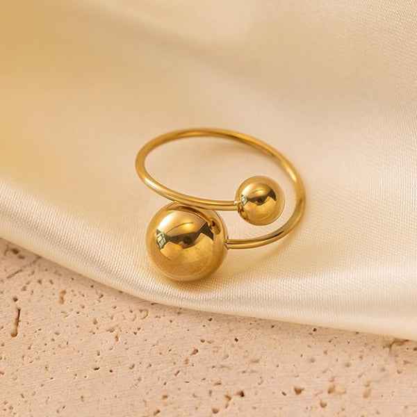 Gold Ball Bypass Ring - Shimmering Dual Sphere Adjustable Band Ring