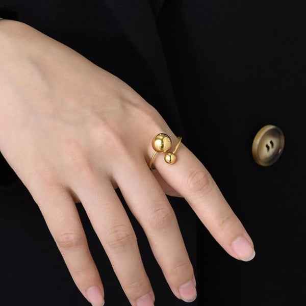 Gold Ball Bypass Ring - Shimmering Dual Sphere Adjustable Band Ring
