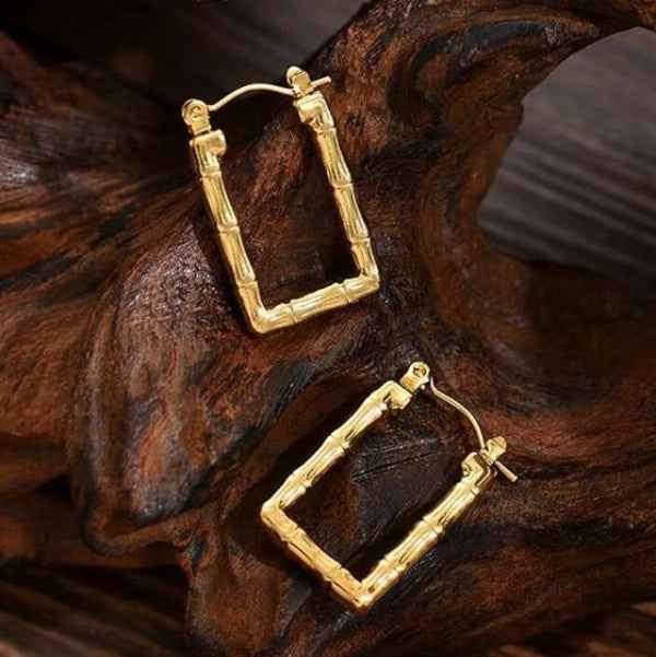 Gold Bamboo Hoops - Rectangle Hoop Earrings & Vintage Statement Jewelry