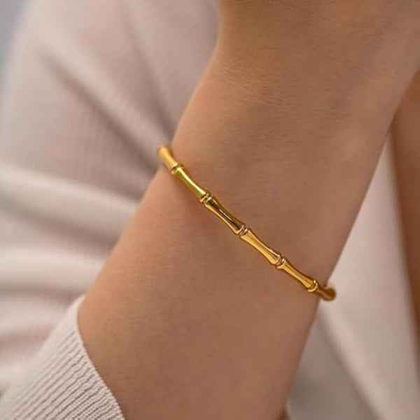 Luxurious Gold Bamboo Bangle Bracelet | Polished Jointed Cuff Jewelry