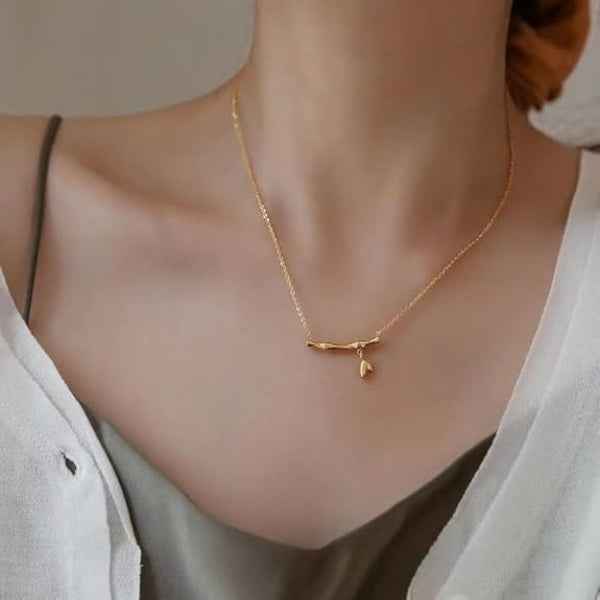 Gold Bamboo Necklace for Women - Dainty Bar Pendant Jewelry Design