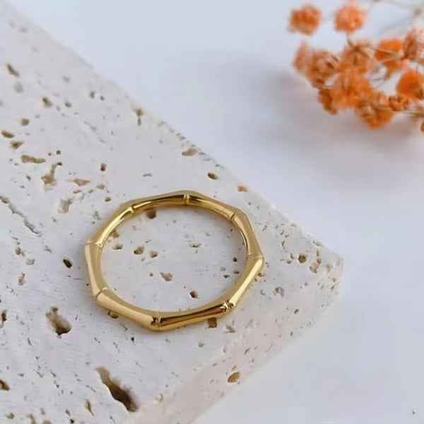 Bold Gold Bamboo Ring - Unique Tropical Statement Band Finger Ring