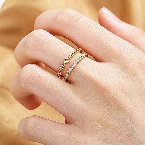 Gold Band Finger Ring - Shimmering Double Row Sparkling Jewelry