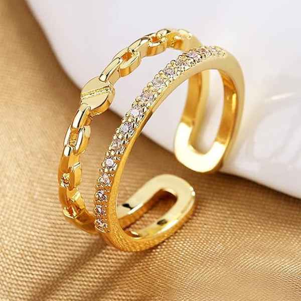 Gold Band Finger Ring - Shimmering Double Row Sparkling Jewelry