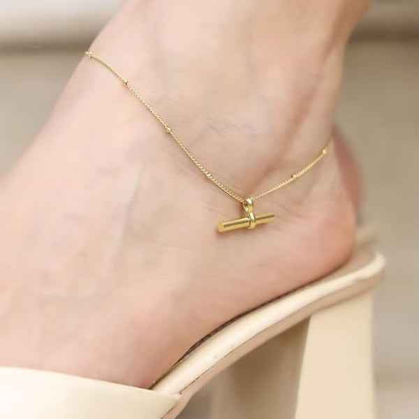Gold Bar Anklet - Shimmering Bead Chain Charm Foot Jewelry for Women