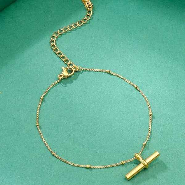 Gold Bar Anklet - Shimmering Bead Chain Charm Foot Jewelry for Women