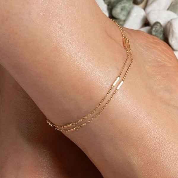 Gold Bar Anklet - Shimmering Double Layer Dainty Foot Jewelry for Women