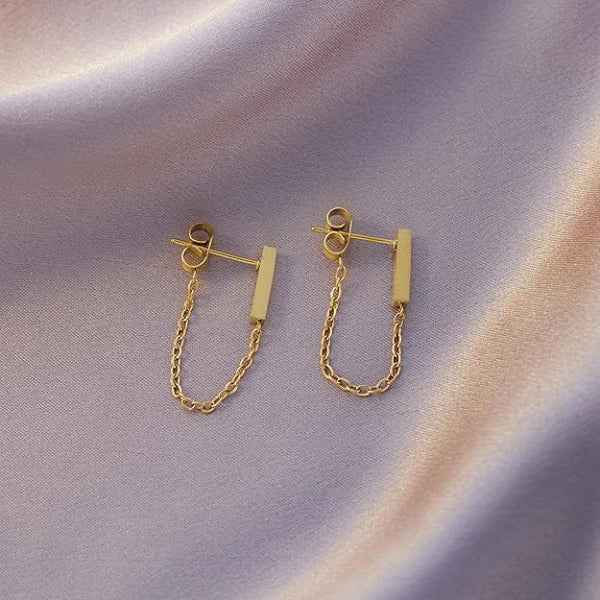 Gold Bar Chain Earrings - Shimmering Dangle Drop Link Stud Jewelry
