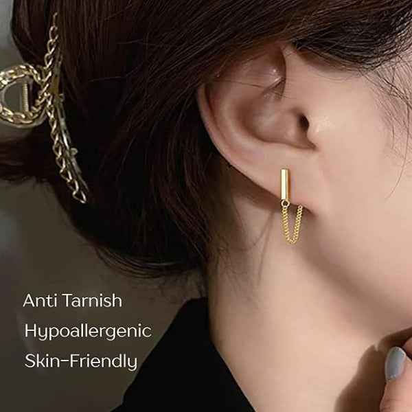 Gold Bar Chain Earrings - Shimmering Dangle Drop Link Stud Jewelry