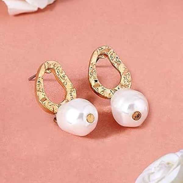 Chic Gold Baroque Pearl Drop Earrings | Textured Statement Jewelry