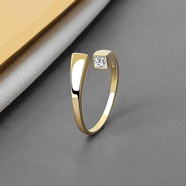 Gold Bezel Ring - Shimmering Square Solitaire Adjustable Promise Ring