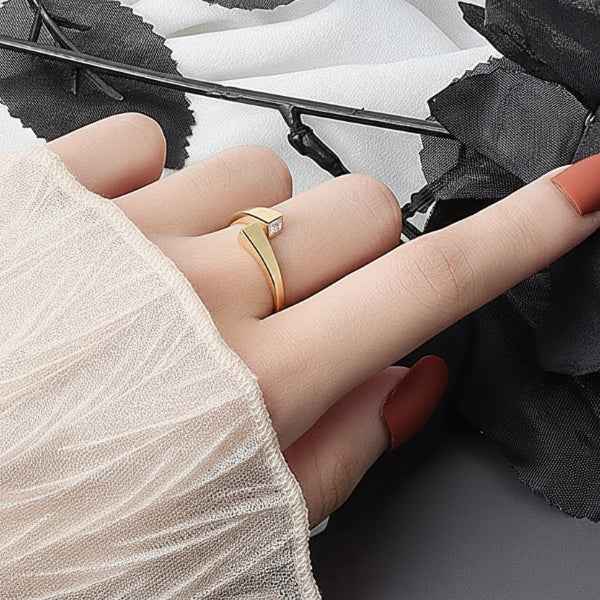 Gold Bezel Ring - Shimmering Square Solitaire Adjustable Promise Ring