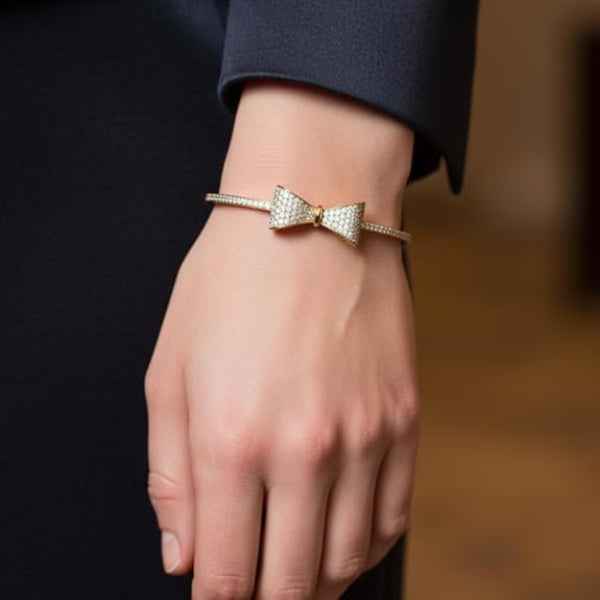 Gold Bow Bangle: Dainty Pavé Crystal Ribbon Bracelet for Women