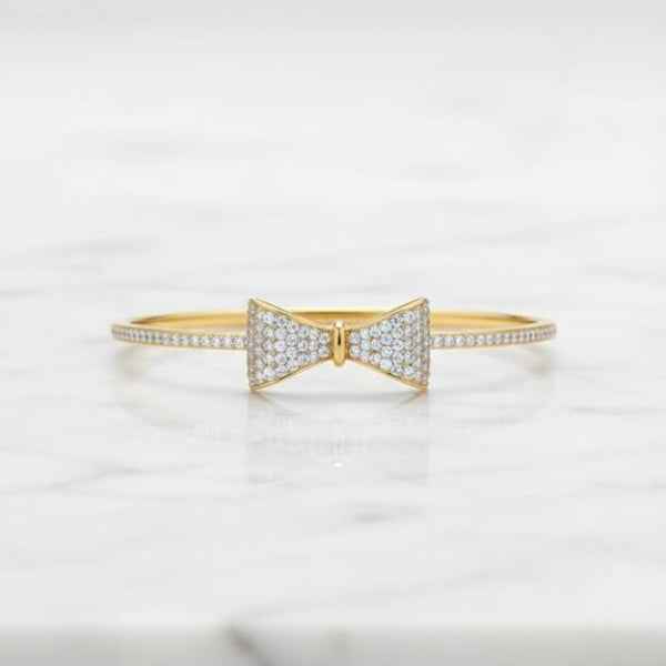 Gold Bow Bangle: Dainty Pavé Crystal Ribbon Bracelet for Women