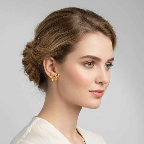 Gold Bow Earrings - Shimmering Anti Tarnish Studs for Women & Girls