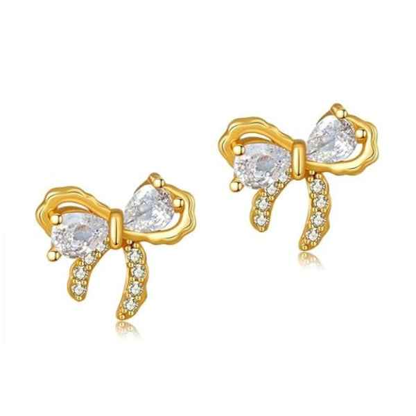 Gold Bow Earrings: Dainty Crystal Ribbon Stud Jewelry for Women