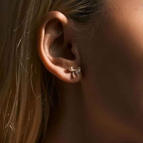 Gold Bow Earrings: Dainty Crystal Ribbon Stud Jewelry for Women