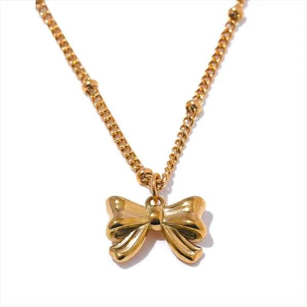 Gold Bow Necklace | Dainty Ribbon Pendant Chic Coquette Jewelry
