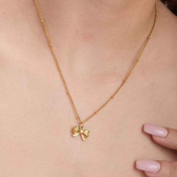 Gold Bow Necklace | Dainty Ribbon Pendant Chic Coquette Jewelry