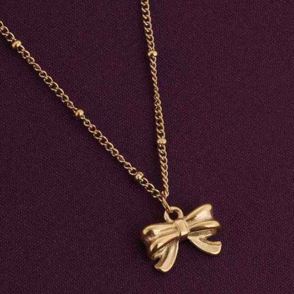 Gold Bow Necklace | Dainty Ribbon Pendant Chic Coquette Jewelry