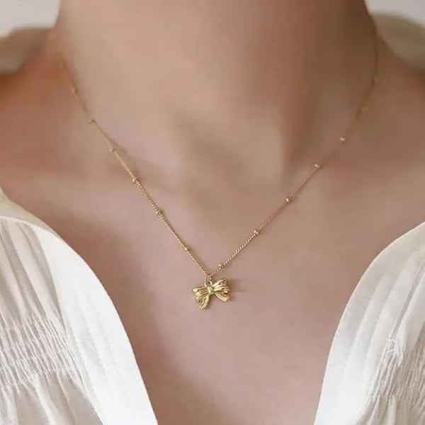 Gold Bow Necklace | Dainty Ribbon Pendant Chic Coquette Jewelry