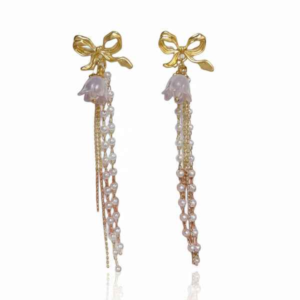 Gold Bow Pearl Earrings | Dainty Pearl Tassel Drop Coquette Jewelry
