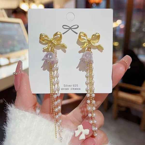 Gold Bow Pearl Earrings | Dainty Pearl Tassel Drop Coquette Jewelry