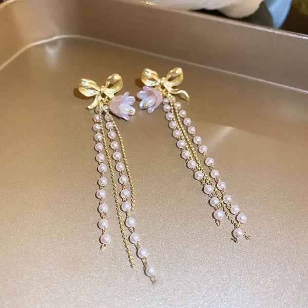 Gold Bow Pearl Earrings | Dainty Pearl Tassel Drop Coquette Jewelry