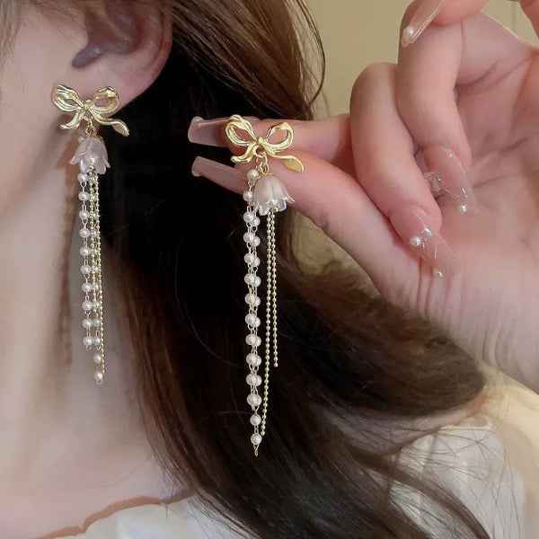 Gold Bow Pearl Earrings | Dainty Pearl Tassel Drop Coquette Jewelry