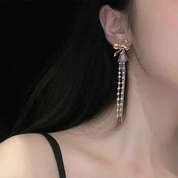 Gold Bow Pearl Earrings | Dainty Pearl Tassel Drop Coquette Jewelry