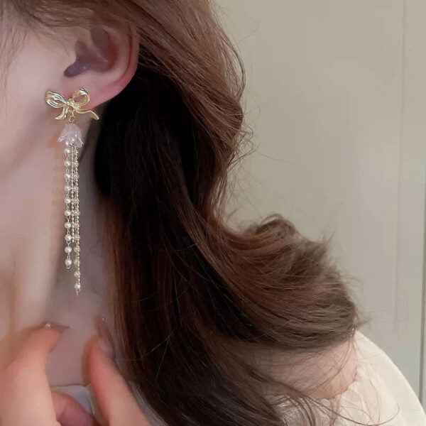 Gold Bow Pearl Earrings | Dainty Pearl Tassel Drop Coquette Jewelry