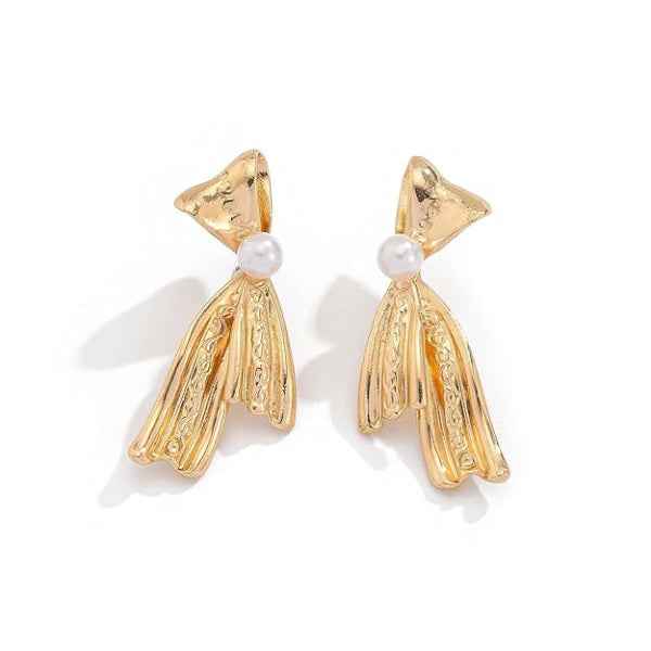 Gold Bow Pearl Earrings | 14k Ribbon Studs | Vintage Style Drop Jewelry