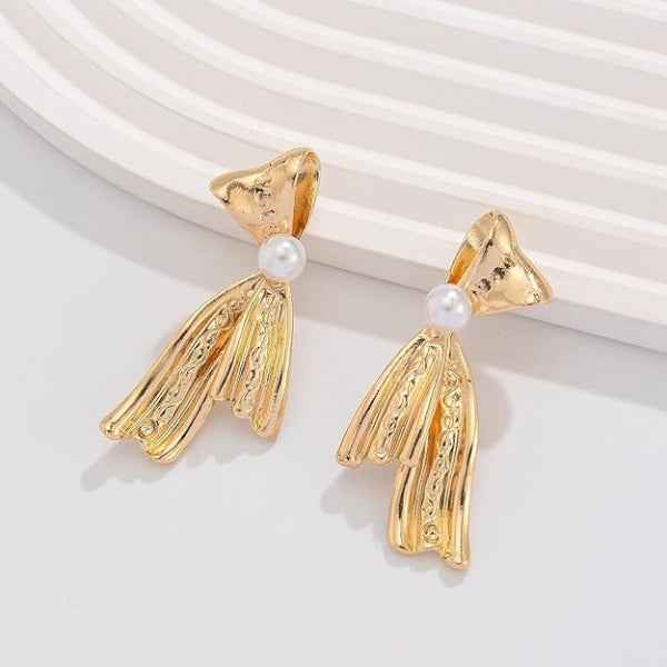Gold Bow Pearl Earrings | 14k Ribbon Studs | Vintage Style Drop Jewelry