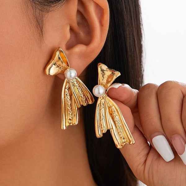 Gold Bow Pearl Earrings | 14k Ribbon Studs | Vintage Style Drop Jewelry