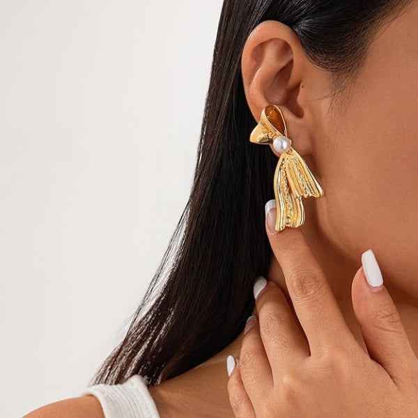 Gold Bow Pearl Earrings | 14k Ribbon Studs | Vintage Style Drop Jewelry