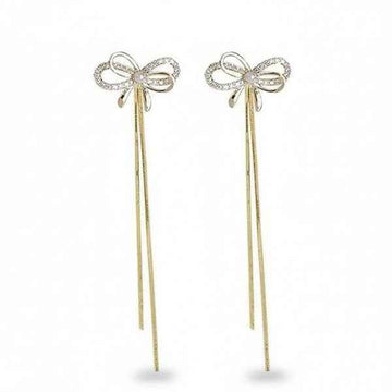 Dazzling Gold Bow Earrings: Long Tassel Dangle Drop Jewelry
