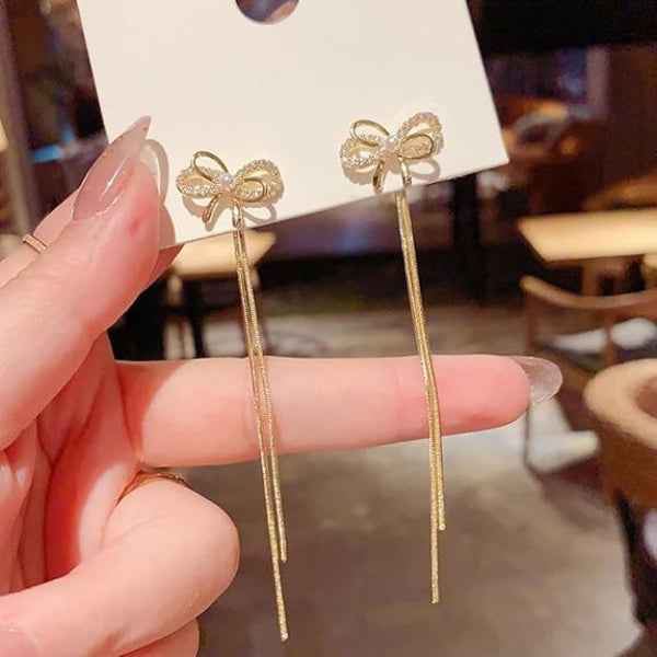 Dazzling Gold Bow Earrings: Long Tassel Dangle Drop Jewelry