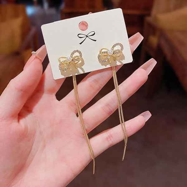 Dazzling Gold Bow Earrings: Long Tassel Dangle Drop Jewelry