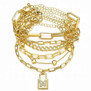 Stunning Gold Bracelet Layered Set | Chic Butterfly Lock Charm Jewelry